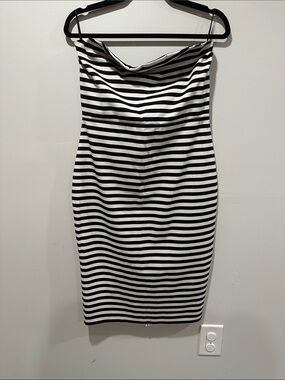 Express Black and White Striped strapless Midi Dress